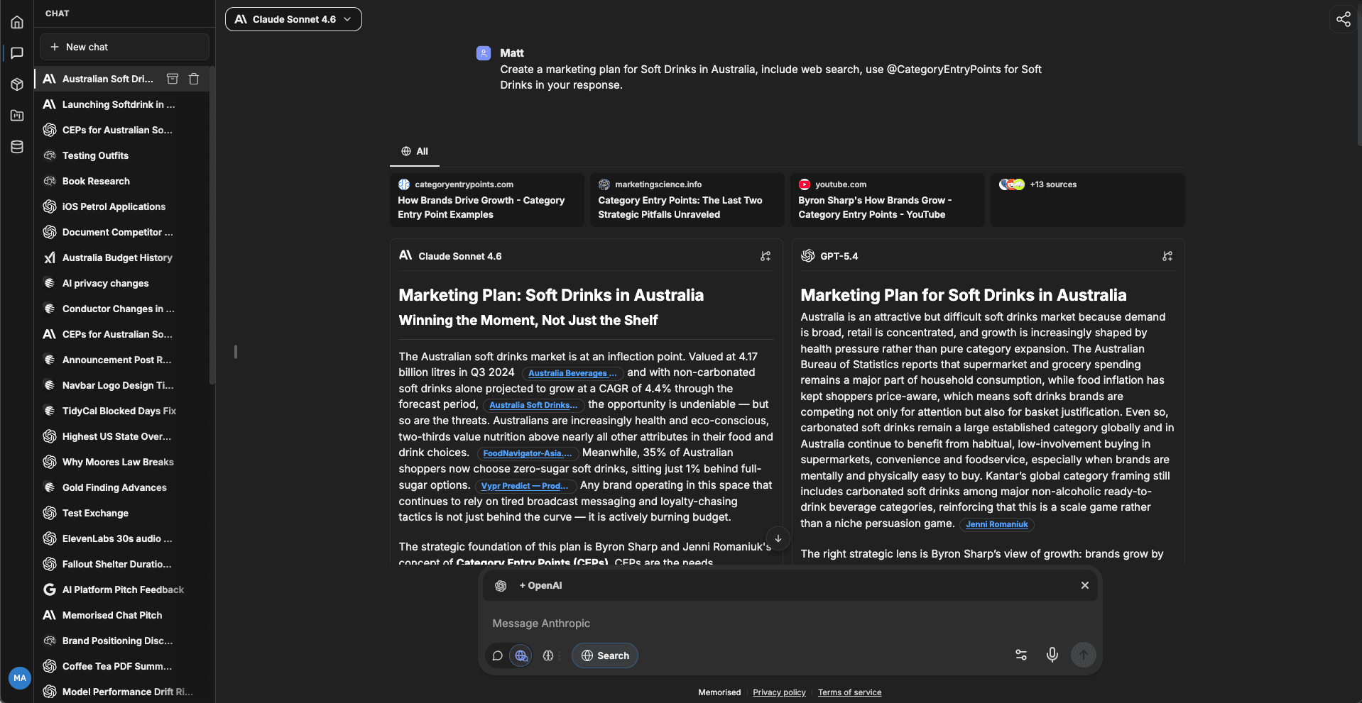 Memorised app comparison view